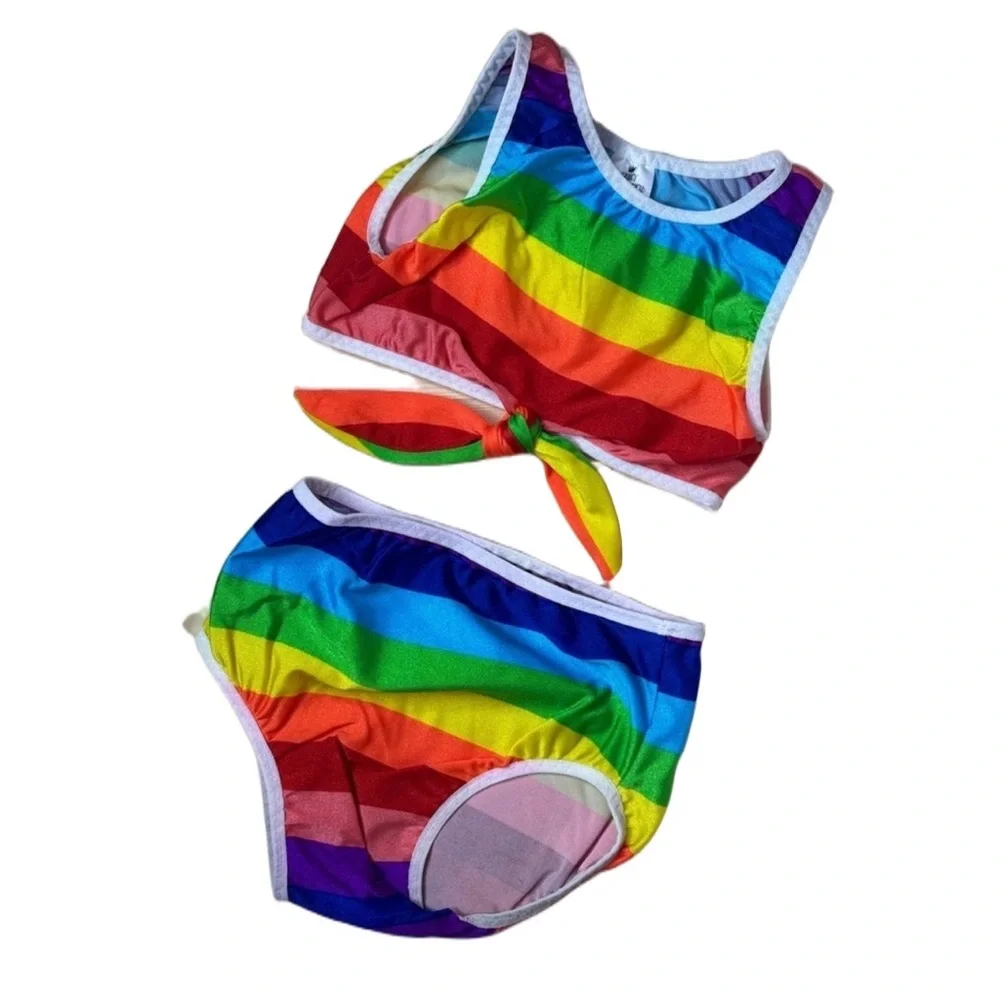 Fancy Schmancy Rainbow Bikini 3/4 Girls Two Piece Swim Set Bright Beach Cute